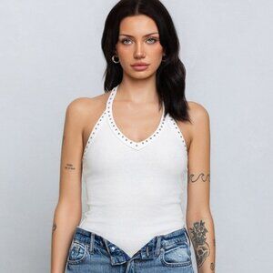 Studded V-neck Ribbed Tank Top - White